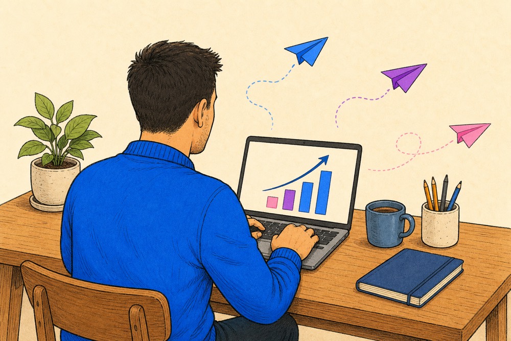 Ilustración: una persona mira crecer la facturación de su tienda mientras despegan aviones de papel